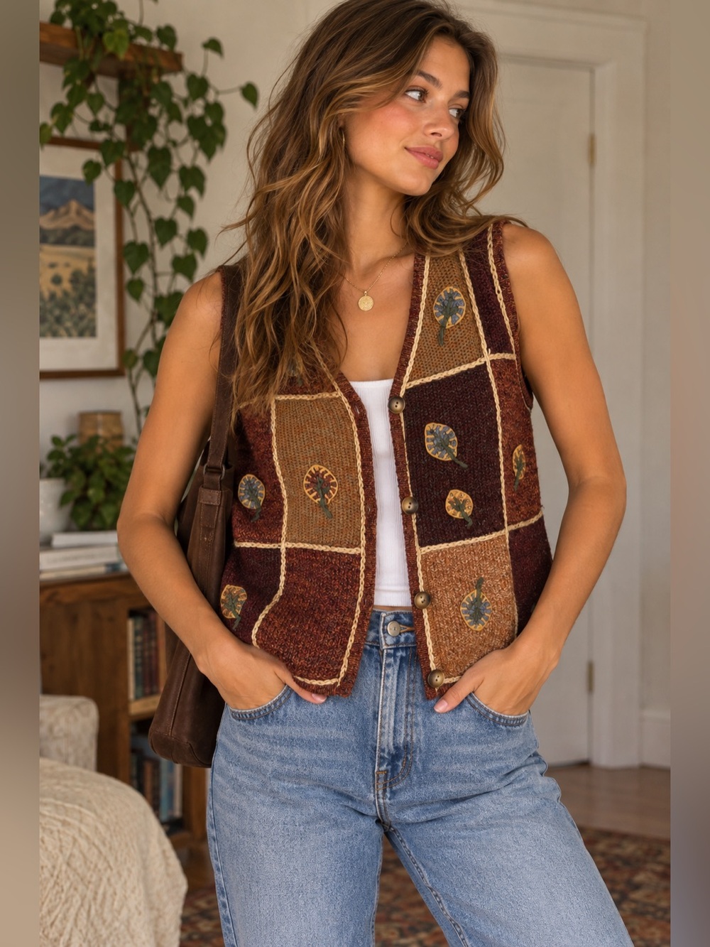 Rebecca Stone Patchwork Knit Vest Large Vintage Boho Leaf Appliqué